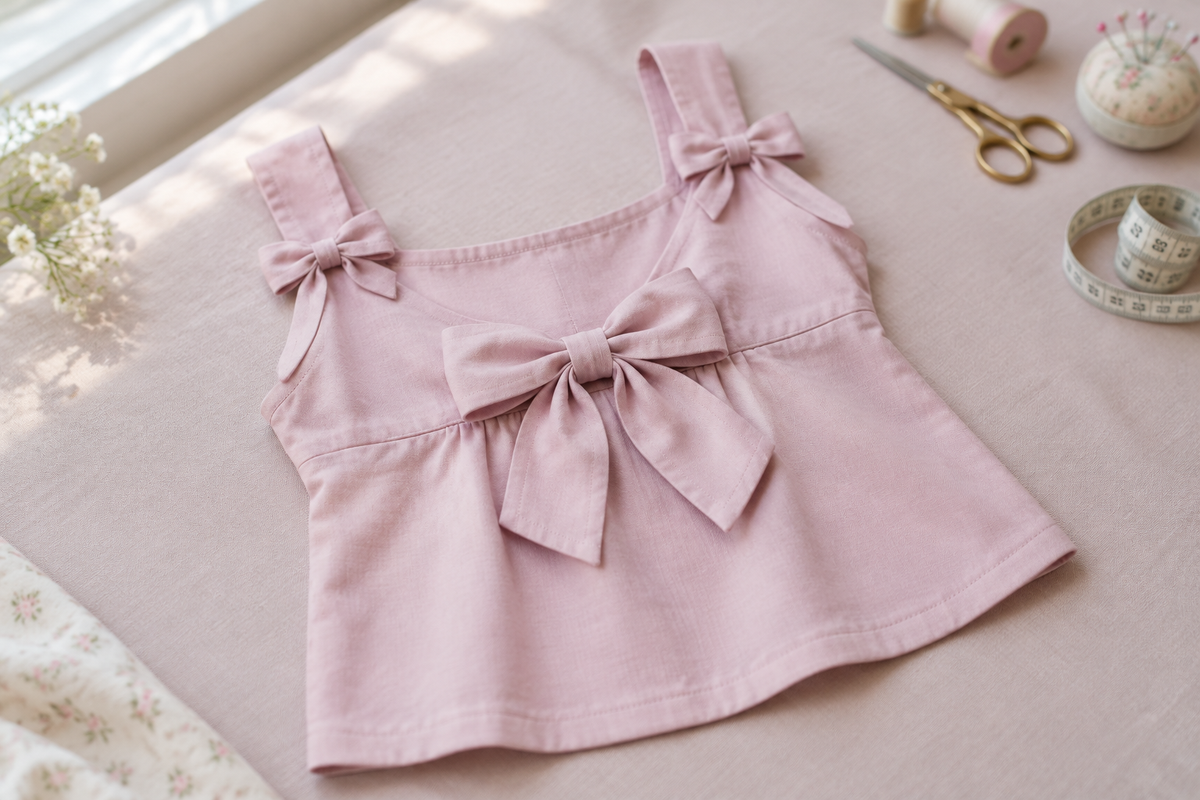 Finished girls bow front top made with Megan blouse sewing pattern, showing bow front detail and neat stitching