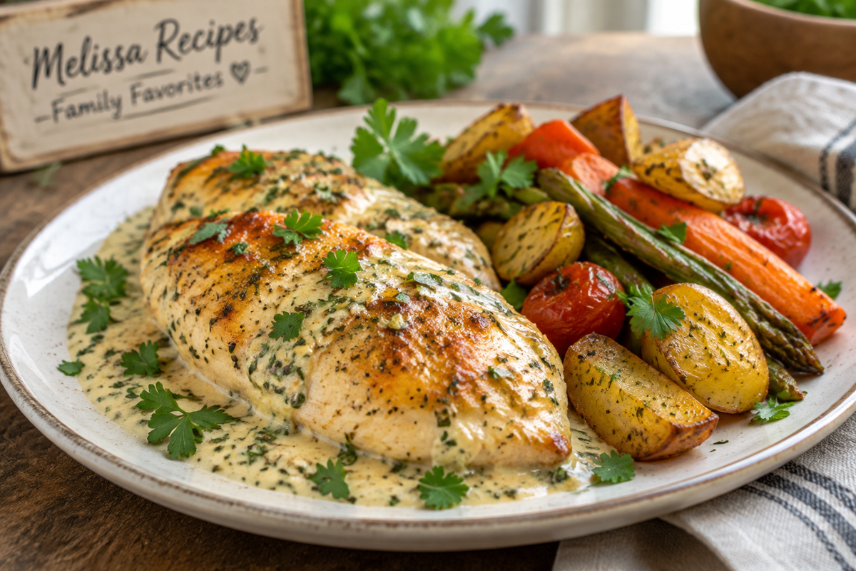 Melissa recipes family favorite baked chicken with creamy herb sauce and roasted vegetables