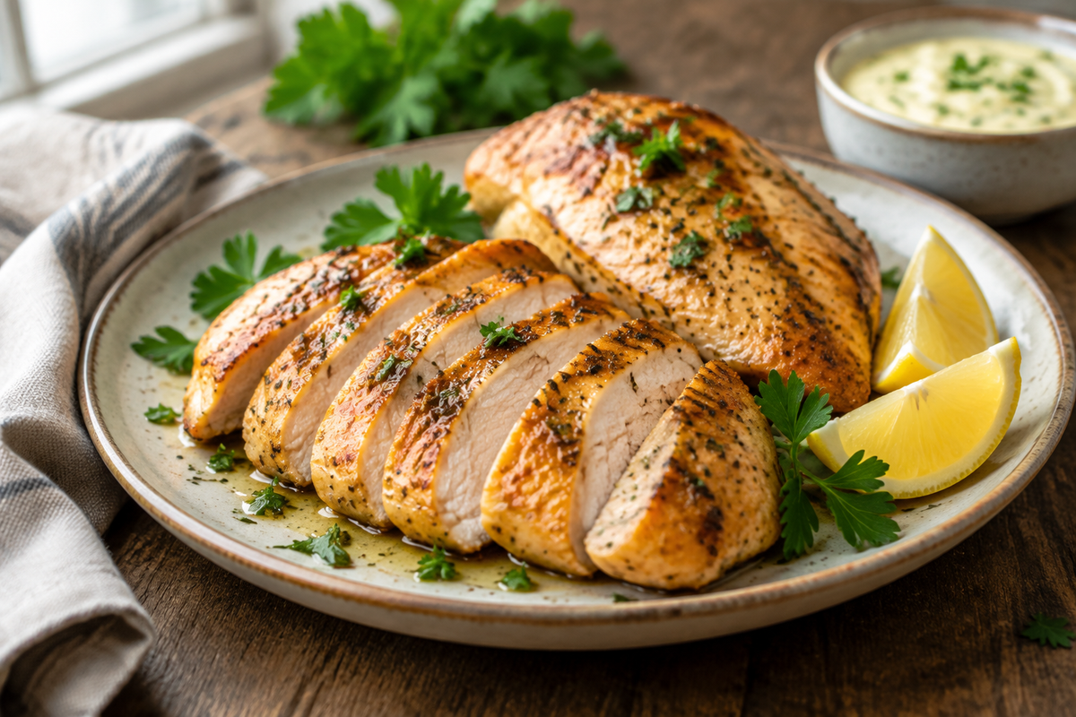 Juicy melt in your mouth chicken breast garnished with parsley and lemon wedges