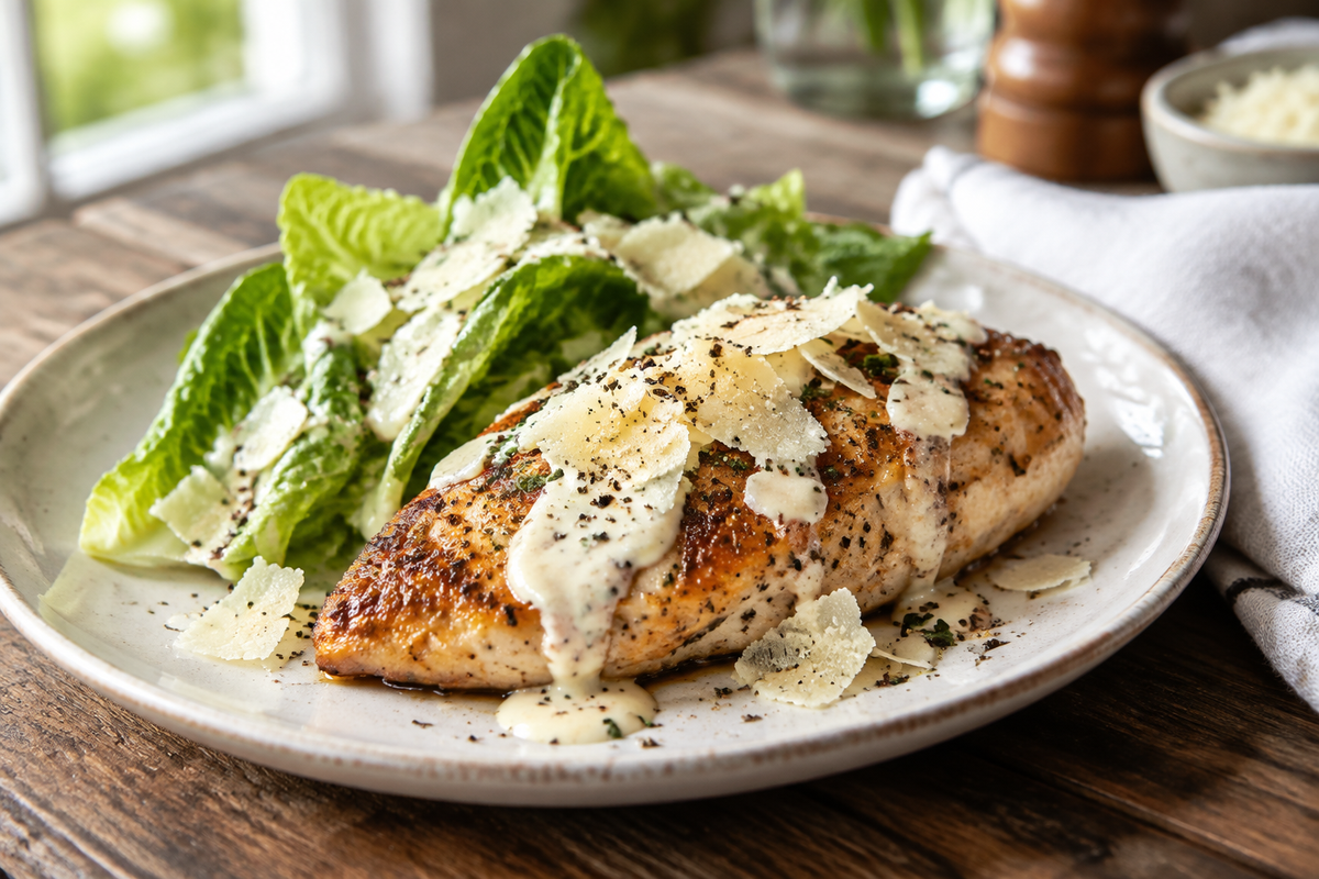 Close-up of melt in your mouth Caesar chicken recipe with creamy dressing and fresh garnish