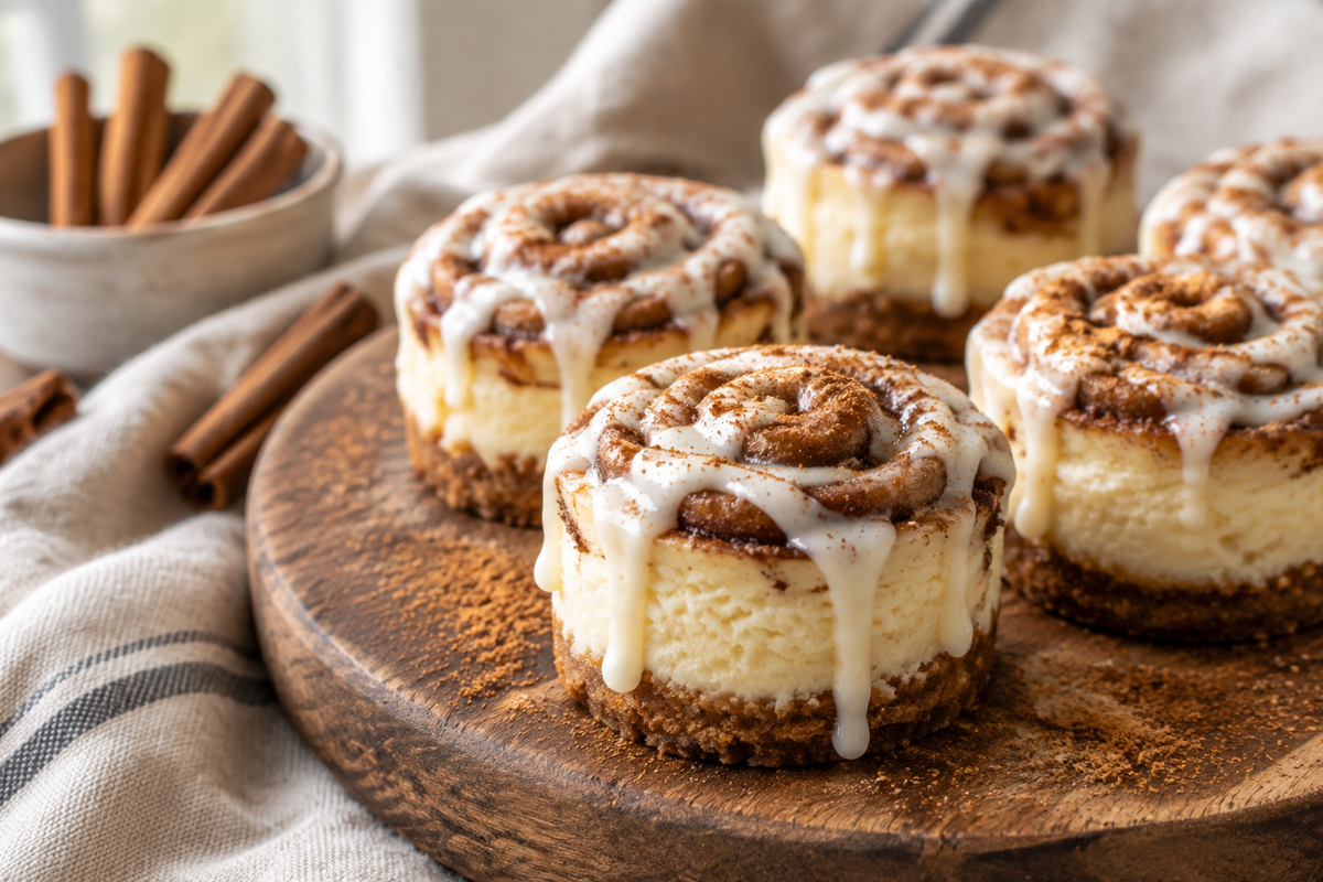 Mini cinnamon roll cheesecakes with creamy icing and cinnamon swirls, served on a wooden platter
