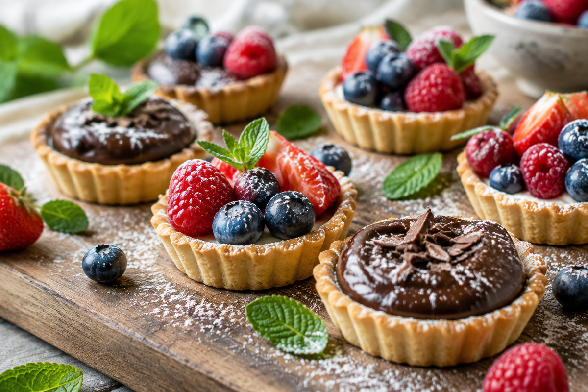 Assortment of mini tartlets filled with fresh fruit and chocolate ganache, showcasing mini tartlets dessert