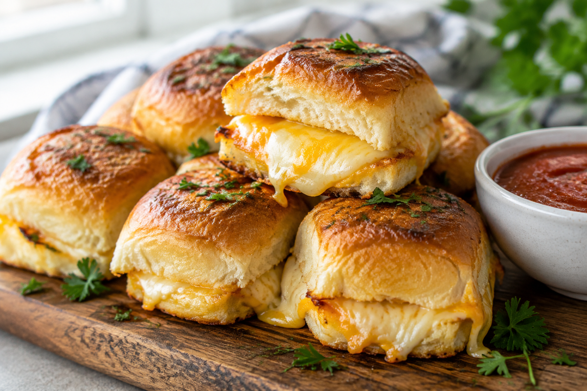 Mini grilled cheese Hawaiian rolls with melted cheese and parsley garnish on wooden board