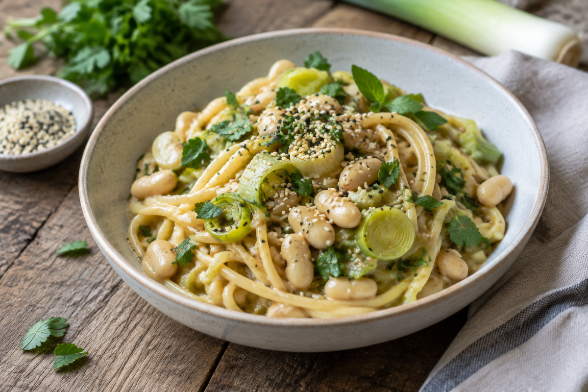 Miso pasta with leeks and cannellini beans in a bowl garnished with herbs and sesame seeds