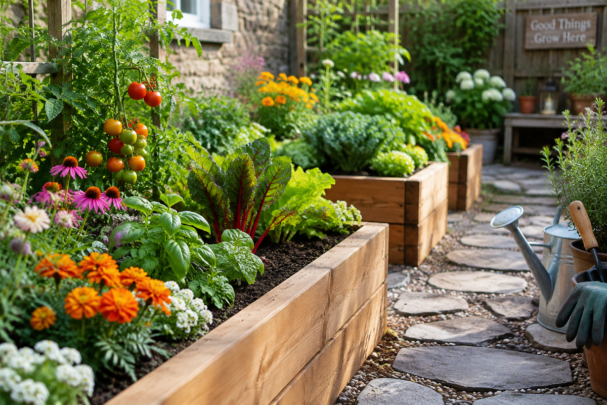 modern garden design with easy raised beds and lush landscaping showcasing vibrant plants