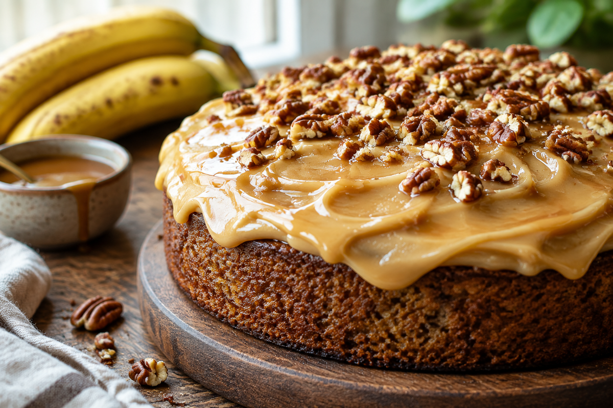 Moist banana cake topped with caramel cream cheese frosting and chopped pecans