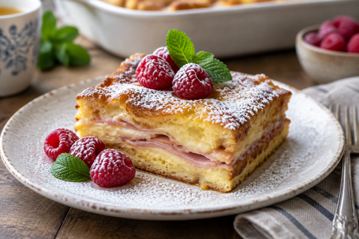 Slice of Monte Cristo casserole with powdered sugar and fresh raspberries, showing monte cristo casserole