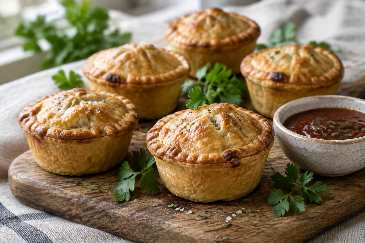 Golden muffin tin meat pies garnished with parsley, showcasing muffin tin meat pies on rustic wood