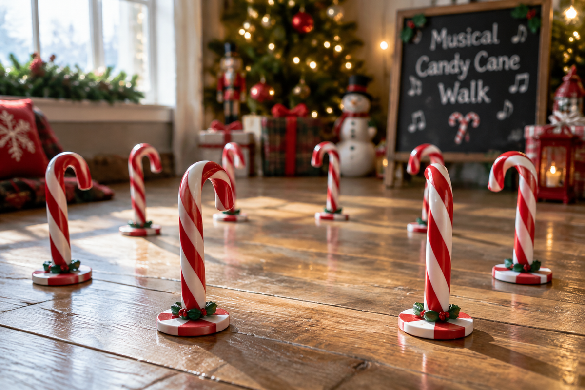 musical candy cane walk game setup with candy canes on wooden floor for Christmas party