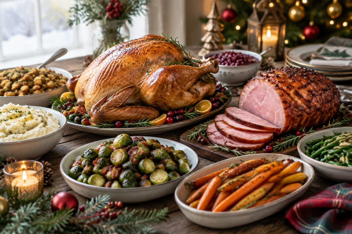Assorted Christmas dinner recipes beautifully plated with roasted turkey, glazed ham, and colorful sides