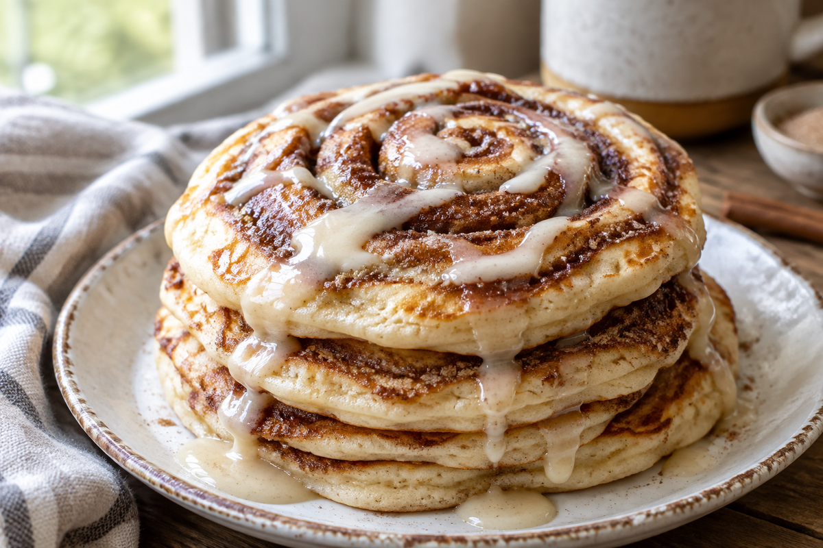 Swirled cinnamon roll pancakes drizzled with sweet glaze, showcasing cinnamon roll pancakes texture and swirl