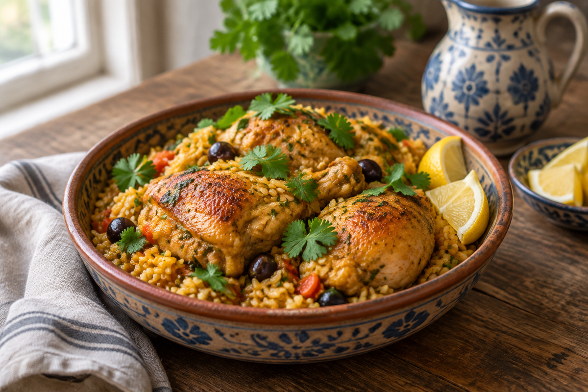 Portuguese chicken rice one-pot dish garnished with cilantro and lemon wedges