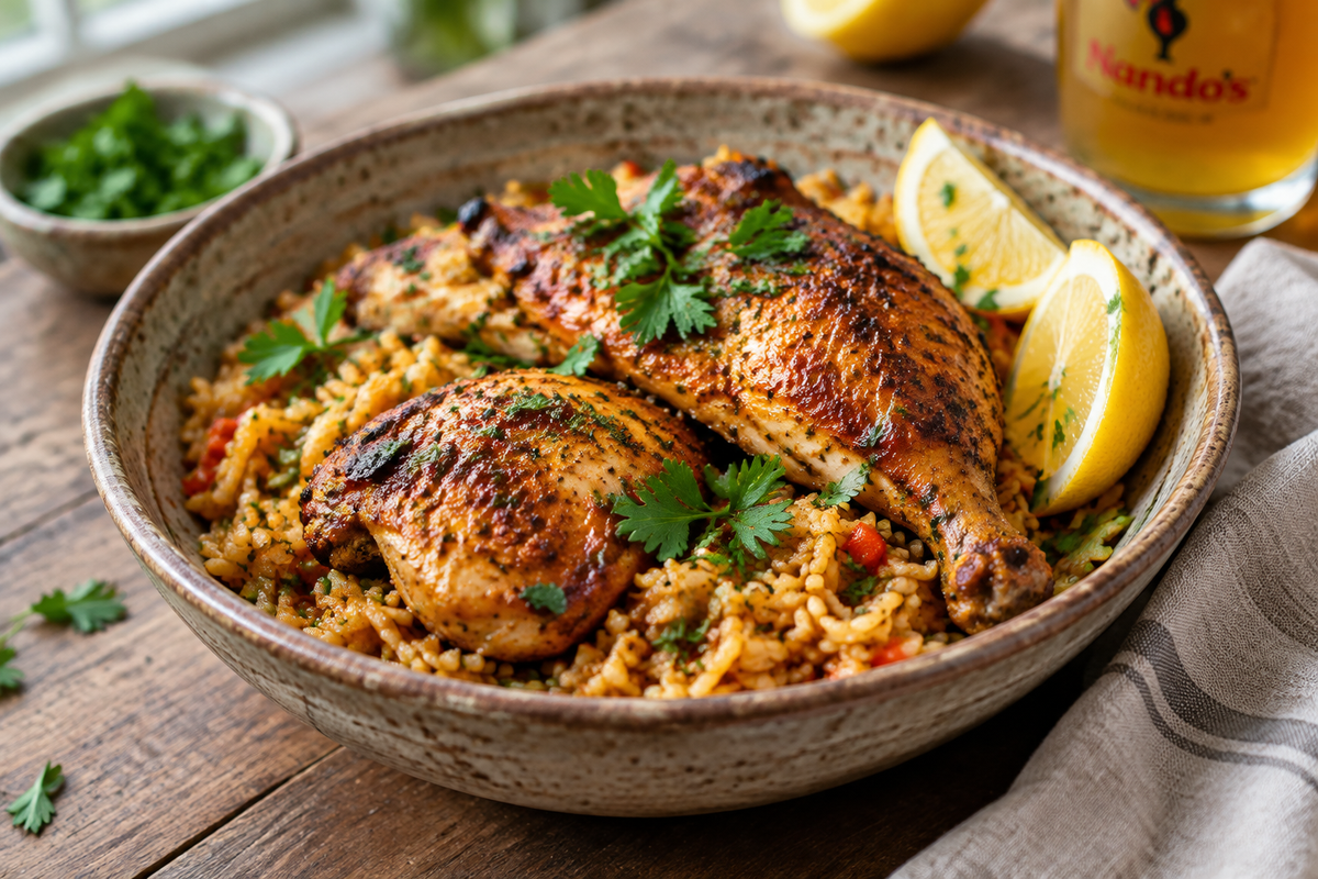 Nando’s Portuguese chicken and rice in a rustic bowl garnished with parsley and lemon wedges