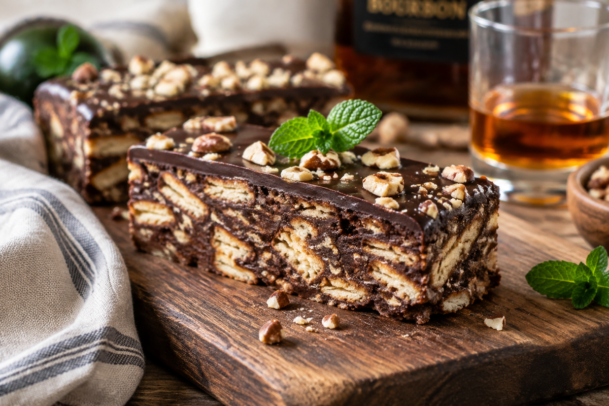 No-bake bourbon biscuit slice with glossy chocolate topping and biscuit base on rustic board