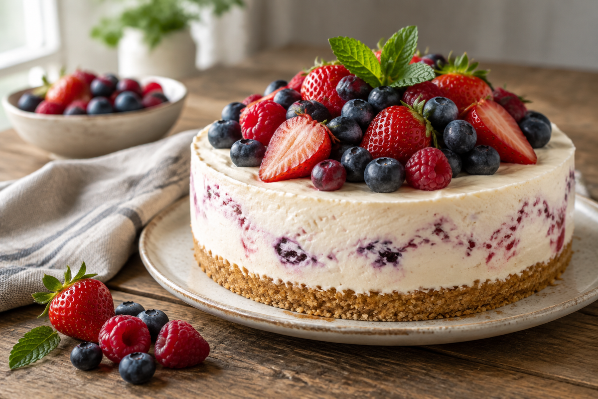 No-bake cheesecake topped with fresh strawberries, blueberries, and raspberries with mint garnish