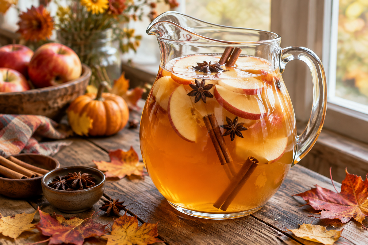 Glass pitcher of non alcoholic fall harvest punch garnished with apple slices and cinnamon sticks