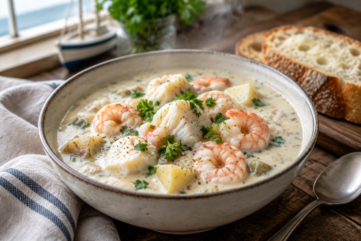 Creamy Nova Scotia seafood chowder in a bowl garnished with fresh parsley and seafood