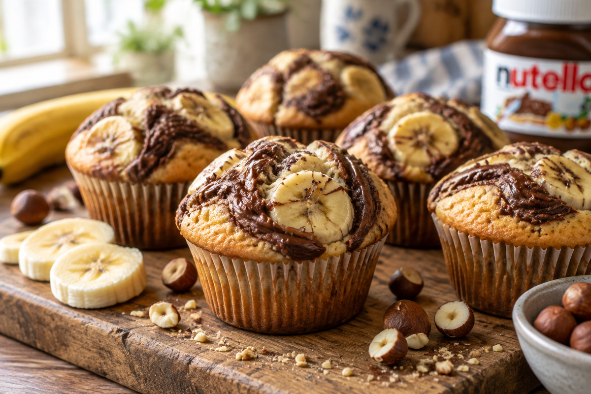Freshly baked nutella banana swirl muffins with visible nutella swirls and banana slices on top