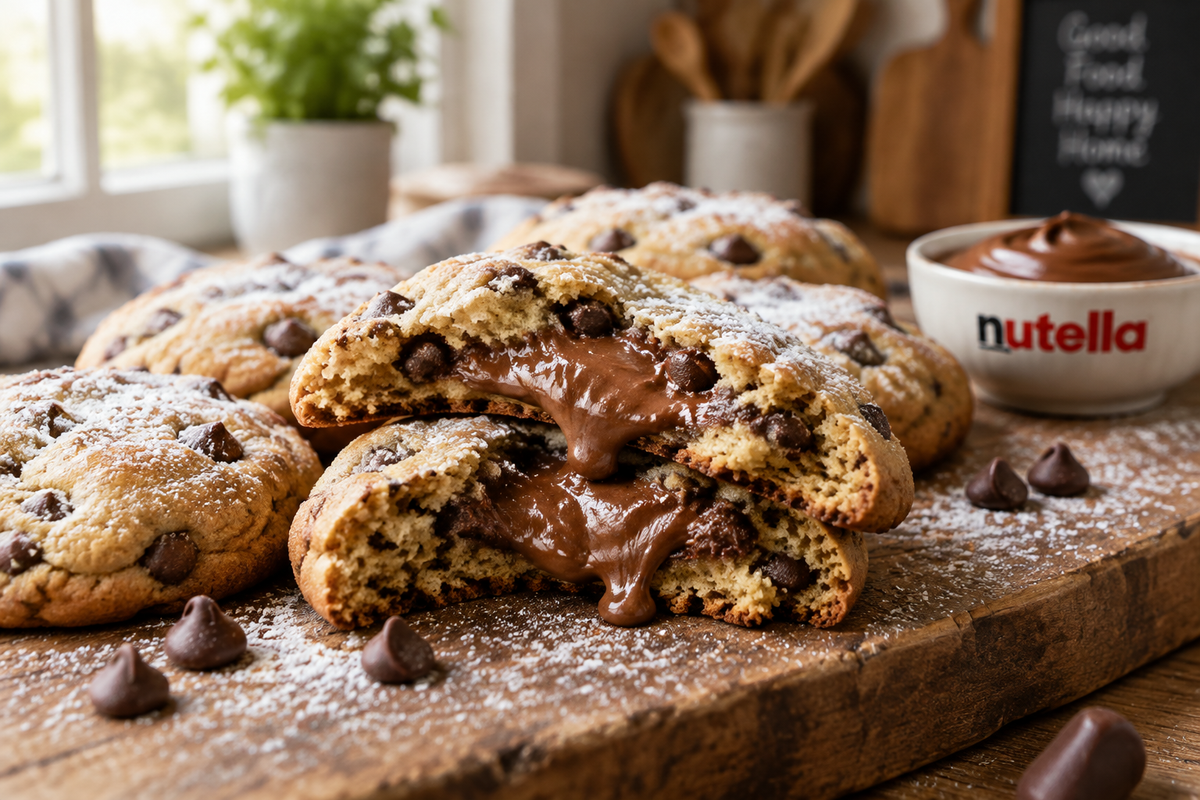 Nutella stuffed cookies with gooey chocolate chip centers on a rustic wooden board