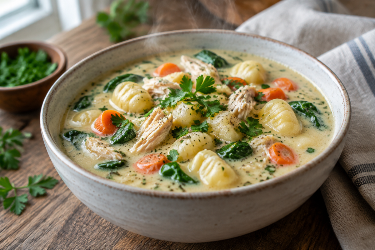 Creamy chicken gnocchi soup with spinach and carrots in a bowl, showcasing chicken gnocchi soup