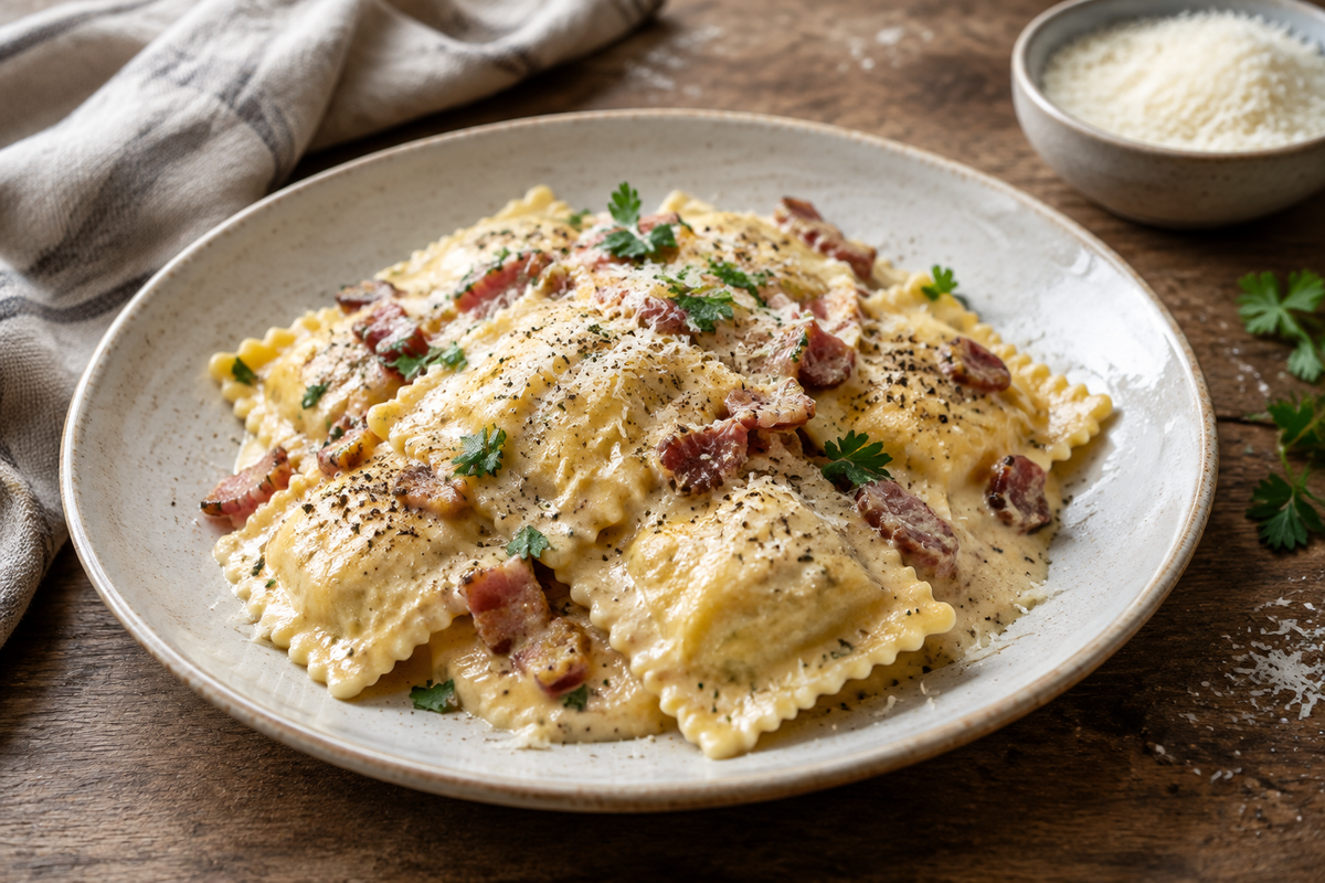 ravioli carbonara with creamy bacon sauce garnished with parsley and black pepper