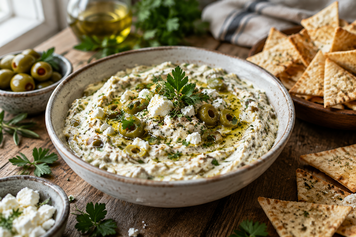 Creamy feta and green olive spread, olive lovers dip, served with pita chips and fresh herbs