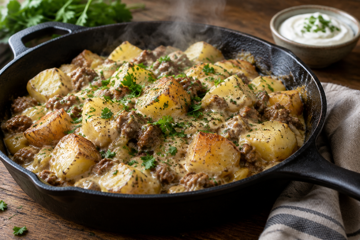 Creamy meat potato skillet garnished with parsley in a rustic pan, showcasing the creamy meat potato skillet dish