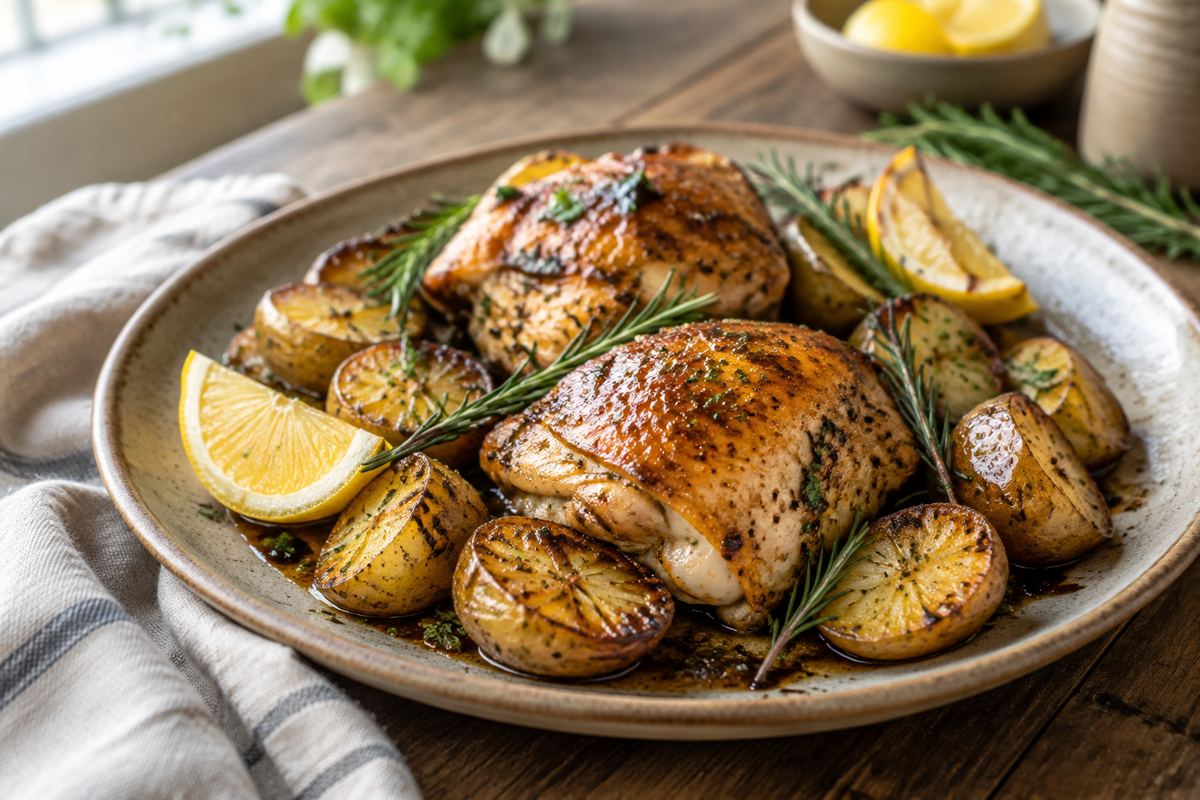 One-pan lemon balsamic chicken with golden roasted potatoes garnished with rosemary and lemon wedges