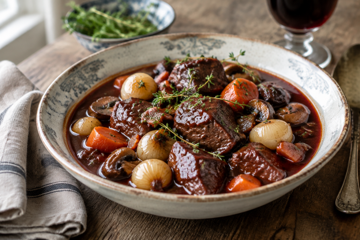 one pot beef bourguignon with tender beef in rich red wine sauce garnished with fresh thyme and pearl onions