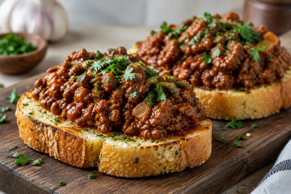 Open face garlic toast sloppy joes with seasoned beef on crispy garlic bread garnished with parsley
