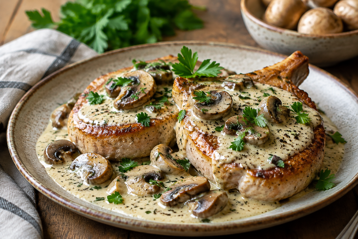 Oven baked creamy mushroom pork chops with sauce and parsley garnish, creamy mushroom pork chops dish