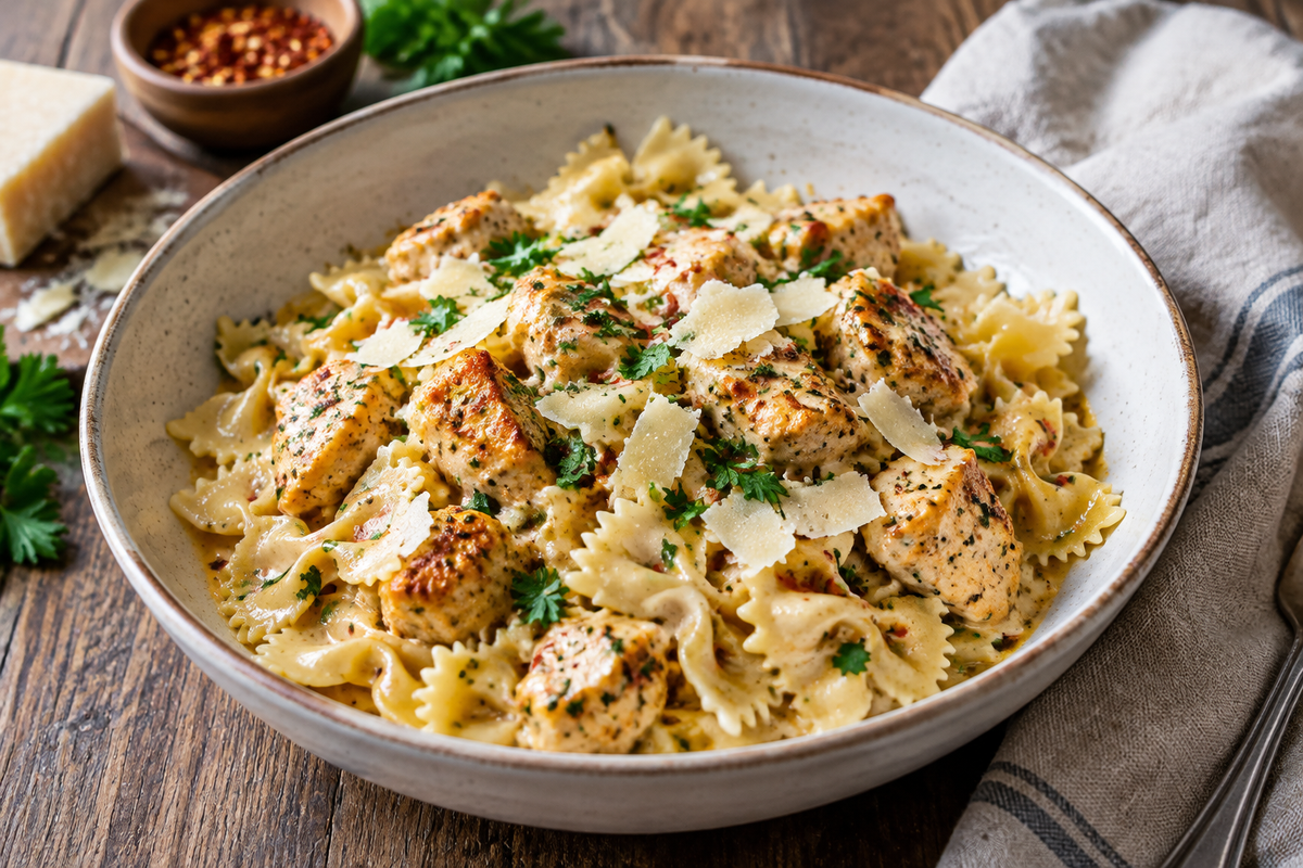 Creamy parmesan red pepper chicken bowties pasta garnished with parsley and parmesan