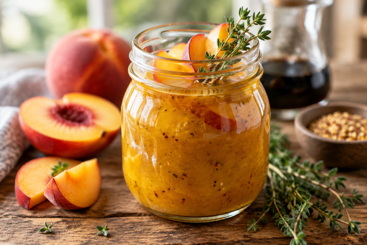 Peach honey dijon vinaigrette in a glass jar with fresh peach garnish on rustic table