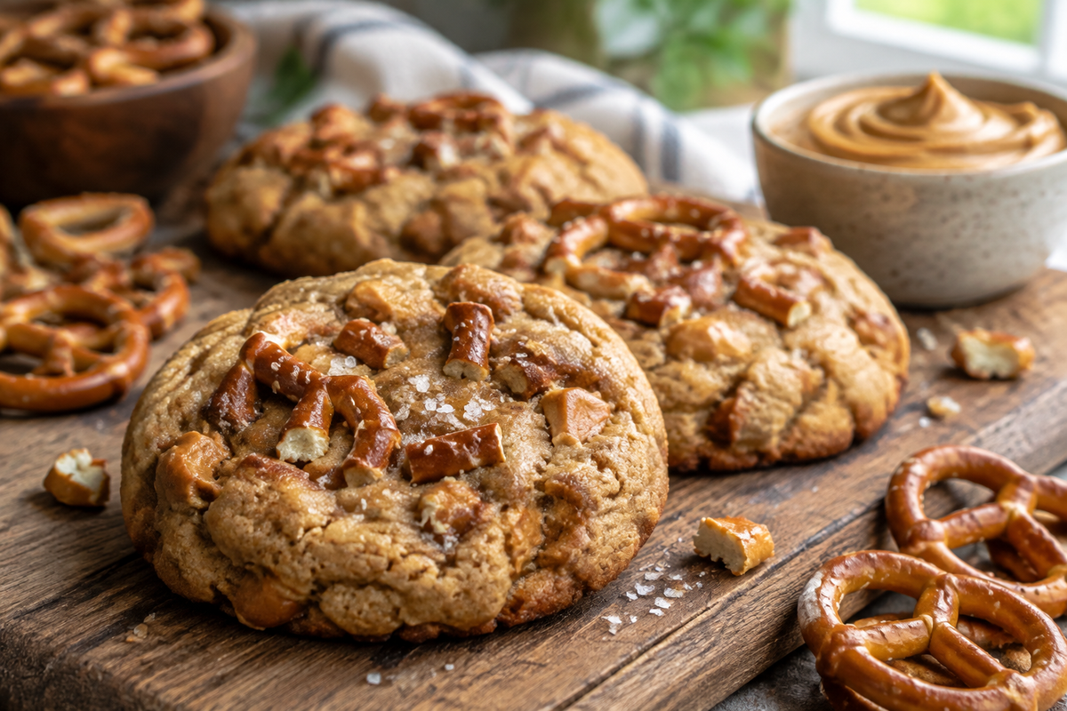 Peanut butter pretzel cookies with browned butter blondie base on rustic board with pretzels