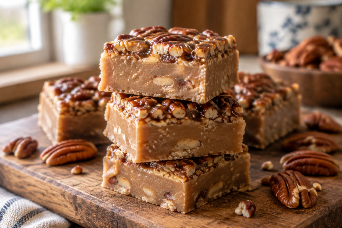 Close-up of glossy pecan pie fudge squares topped with toasted pecans and creamy layers