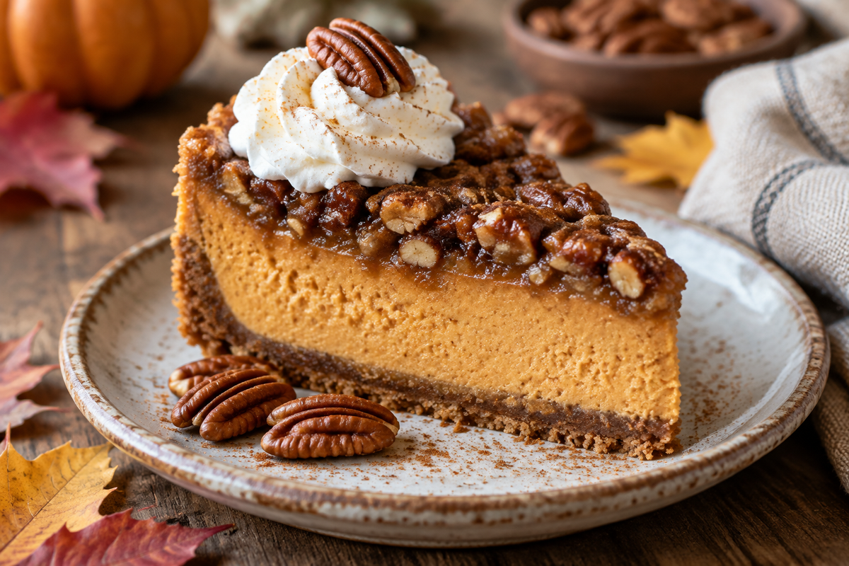 Slice of pecan pie pumpkin cheesecake with pecan topping and whipped cream, showcasing pecan pie pumpkin cheesecake