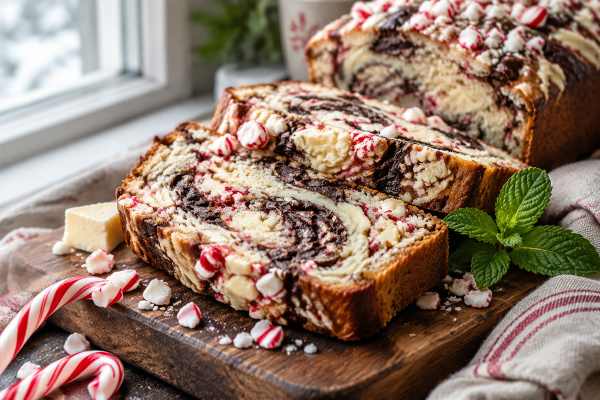 Festive peppermint bark bread slices with chunks of peppermint and white chocolate, styled on wooden board