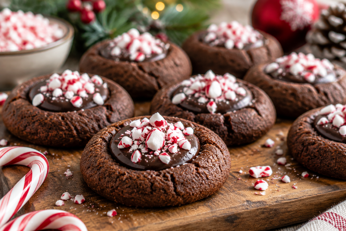 Peppermint chocolate thumbprint cookies with glossy chocolate centers and crushed peppermint candy topping
