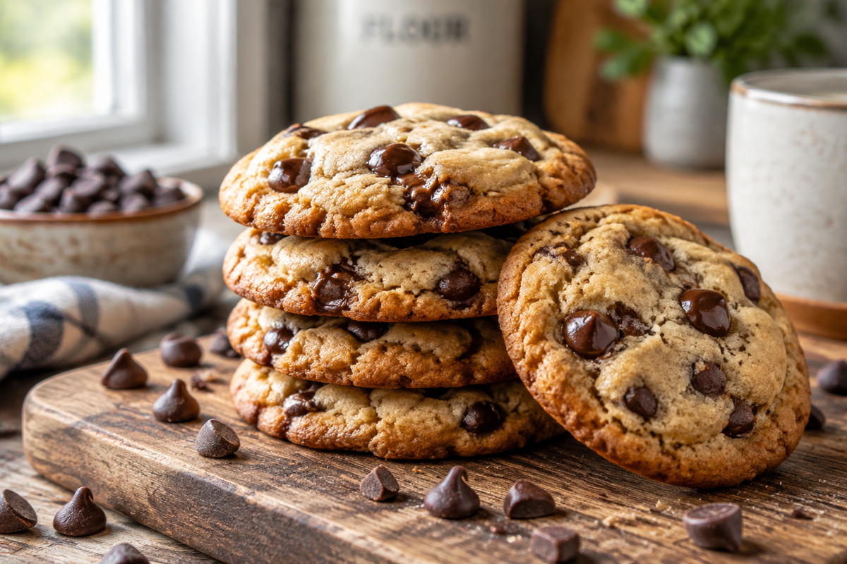 Perfect bakery style chocolate chip cookies stacked with melty chocolate chips and golden crispy edges