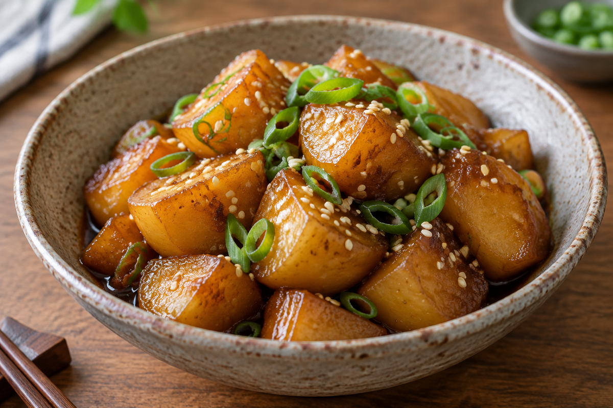 Perfect Korean braised potatoes (Gamja Jorim) served in a bowl garnished with sesame seeds and green onions