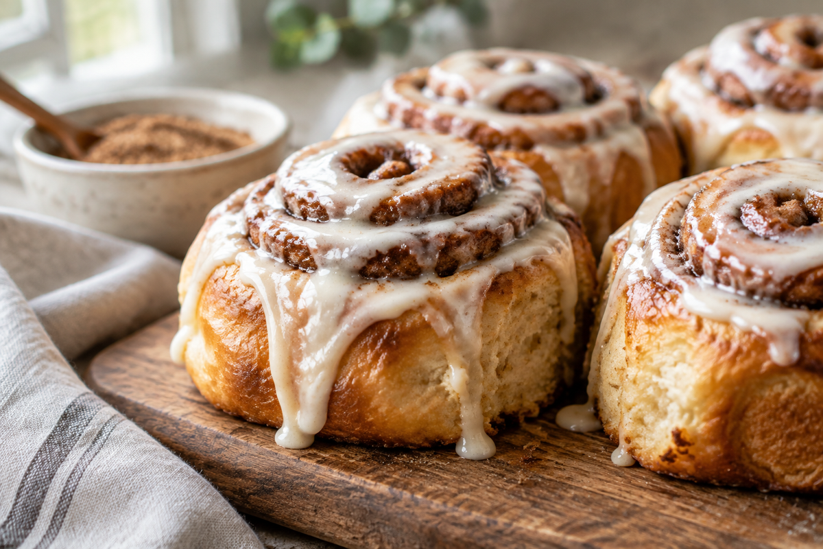 Freshly baked soft cinnamon rolls with gooey icing on rustic wooden board
