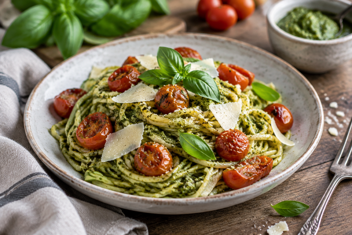 Pesto pasta roasted tomatoes served on a white plate garnished with fresh basil and Parmesan