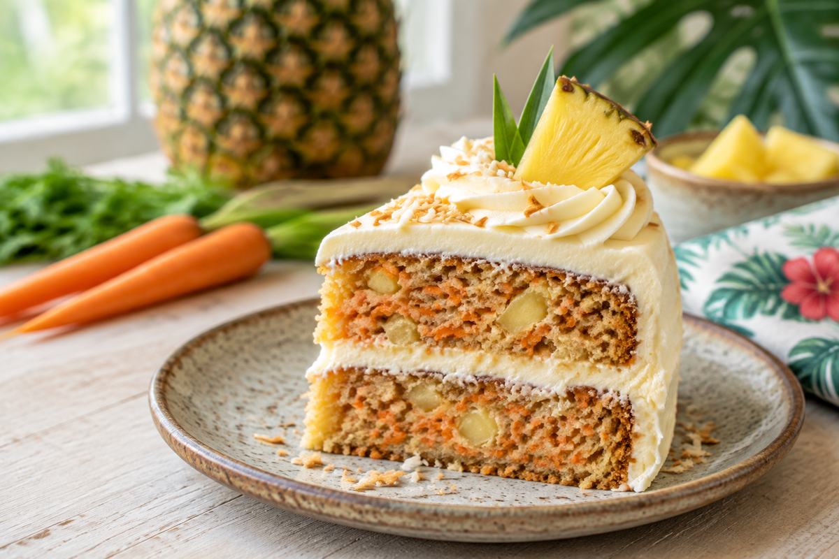 Moist pineapple carrot cream cake slice with creamy frosting and pineapple garnish