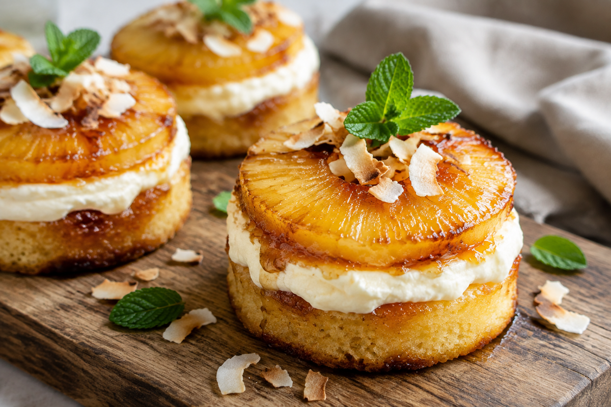 pineapple mascarpone upside-down mini cakes with caramelized pineapple and mint garnish