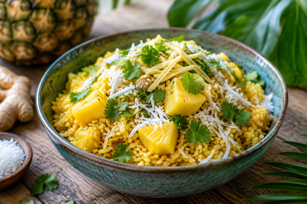 Pineapple rice with coconut and spicy ginger garnished with fresh herbs on a rustic surface