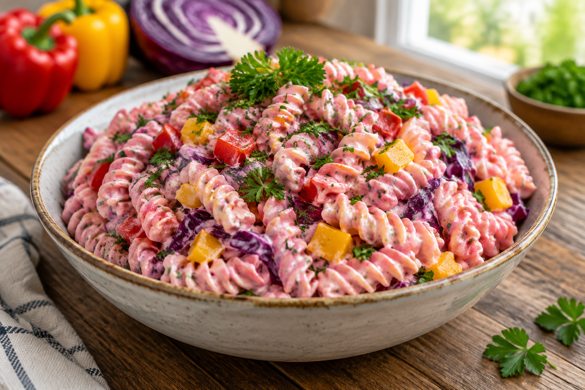 Creamy pink cadillac pasta salad with colorful vegetables and herbs in a rustic bowl
