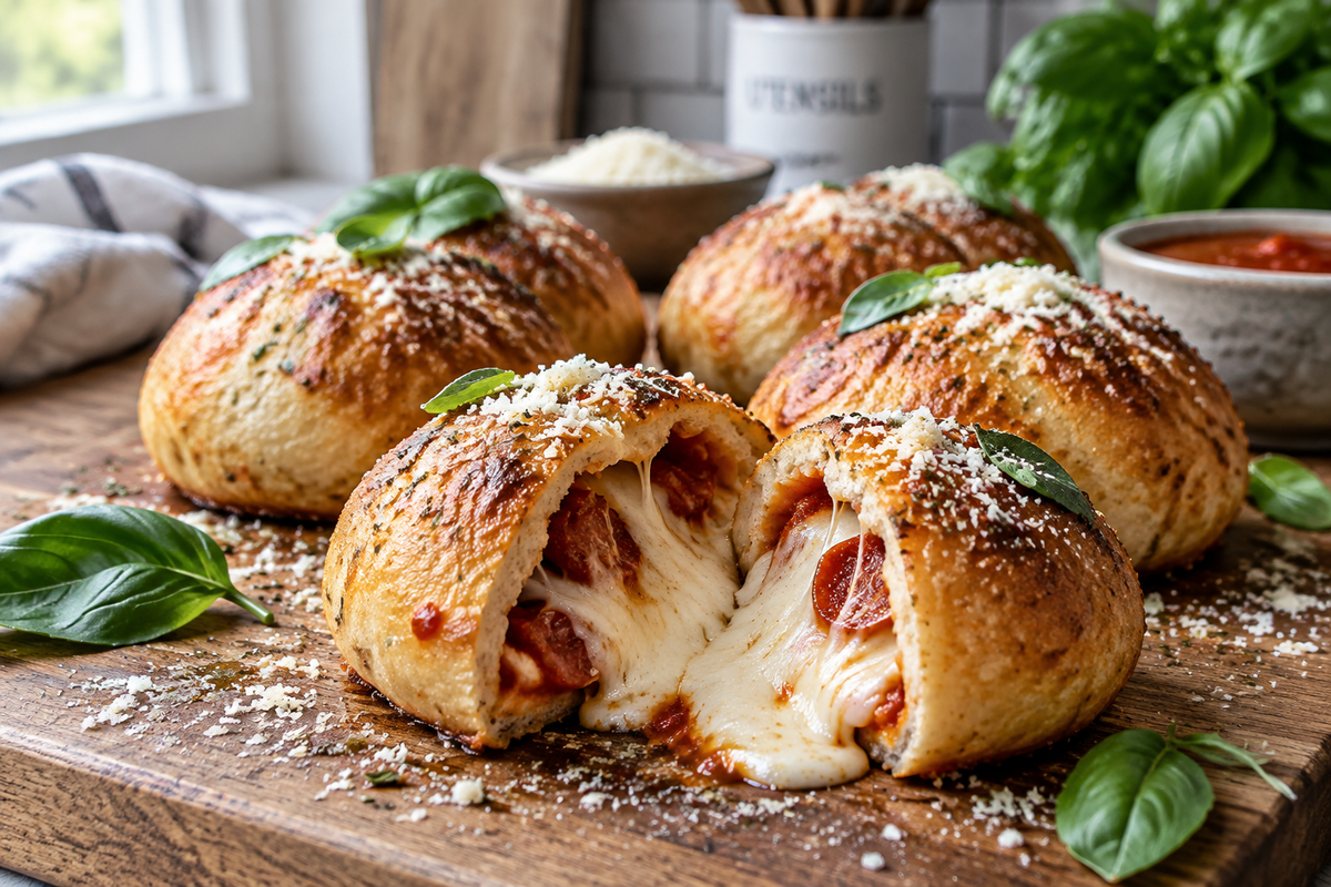 Close-up of golden pizza bombs with melted cheese and fresh basil showcasing pizza bombs