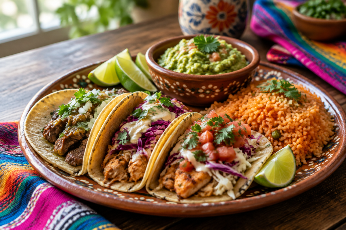 Popular Mexican foods including tacos, guacamole, and Mexican rice on a rustic wooden table