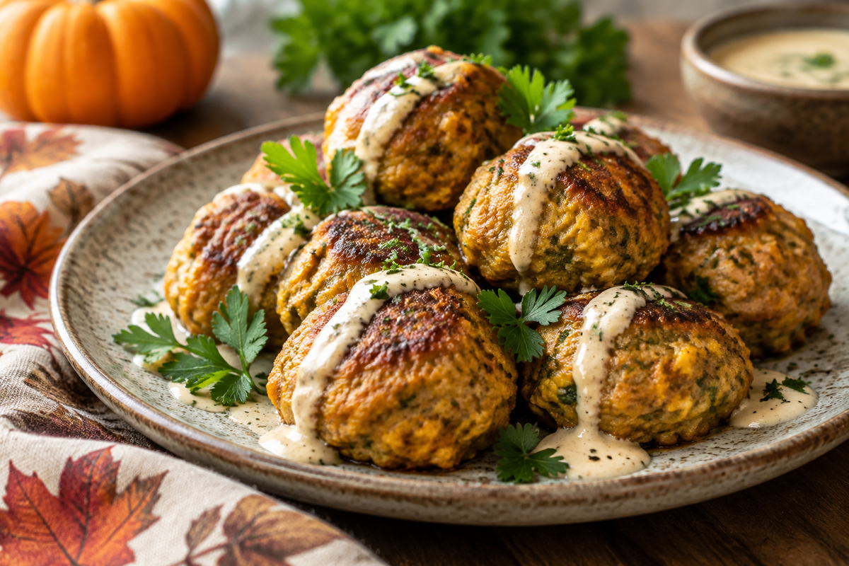 Golden pumpkin chicken meatballs garnished with parsley on rustic plate, focus on pumpkin chicken meatballs