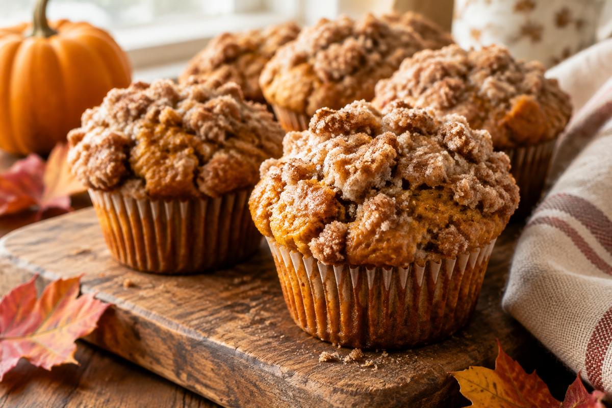 Freshly baked pumpkin coffee cake muffins with cinnamon streusel topping on wooden board
